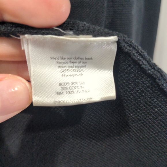 Eileen Fisher Petite Silk Knit Long Sweater Jacket Size PM Black Leather Trim - Picture 9 of 14